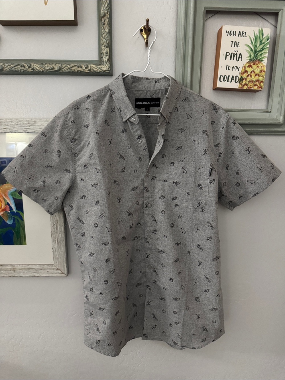 Molokai Youth Short-Sleeve Gray Button-Down with Fun Space Theme Print
